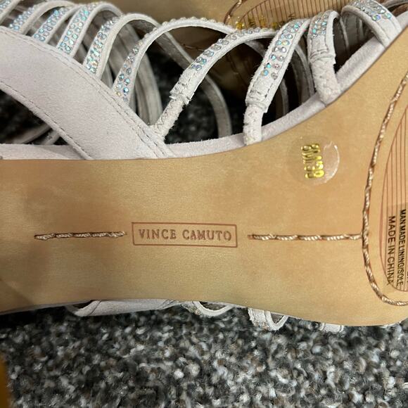 Vince Camuto Kipper Heels 8M True Sand Suede Embellished Strappy Heels Showgirl - Picture 16 of 16
